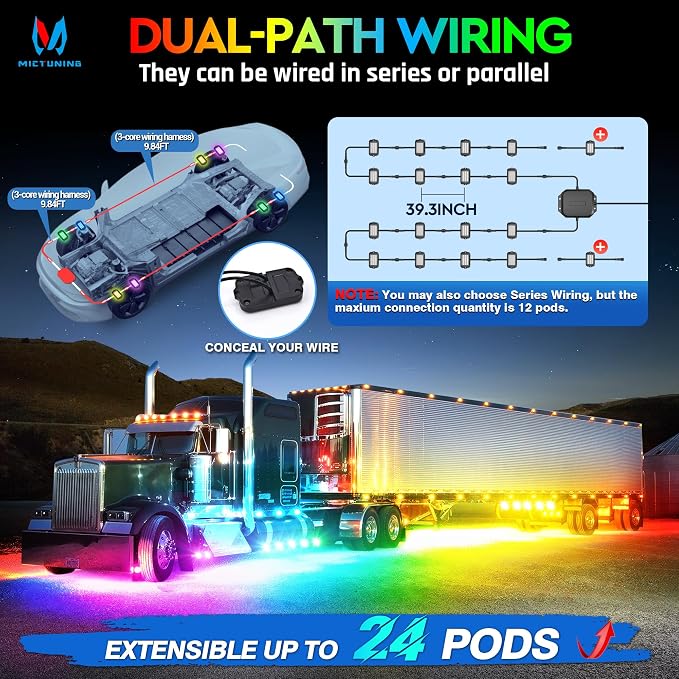 MICTUNING Q1 MAX RGB+IC Chasing Color Ultra-Bright Rock Lights 20 Pods Kits | 1000% Brighter 24 Light Chips Per Pod, Switch Wiring Kit, Aluminum Housing, IP68 Waterproof, Series/Parallel, Up to 24 Pods