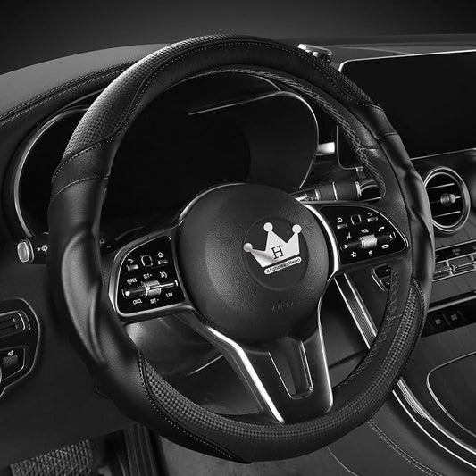 HighnessHwoo 3D Car Steering Wheel Cover Comfort Grip Massage Sporty Anti-Slip Carbon Fiber Faux Leather for F150, Trucks, Jeep, Van, Car Handle Covers for All Seasons, 15.2-16in, Black