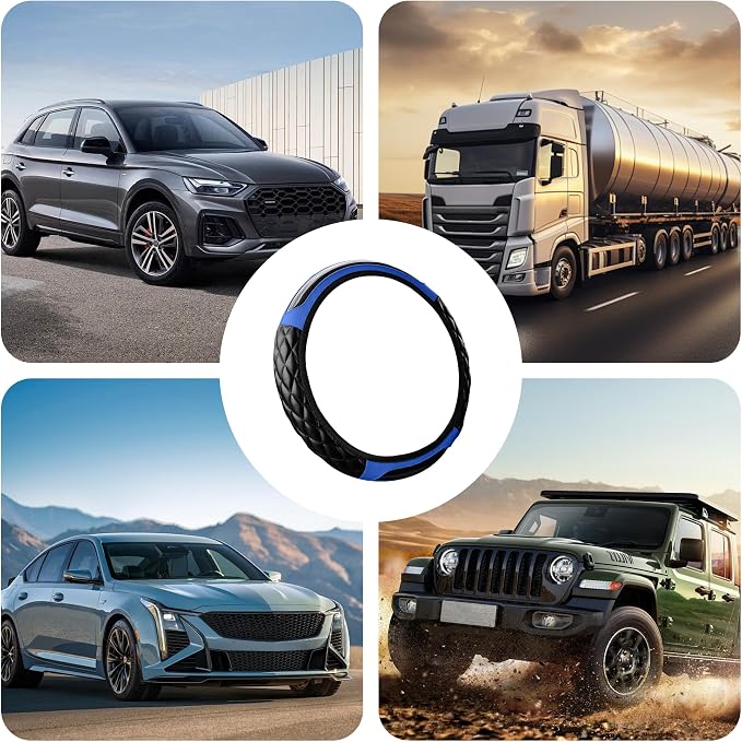 Car Steering Wheel Cover, 14.5-15inch Leather Anti-Slip Car Wheel Cover Protector, Safety Comfortable Desgin, Universal Auto Steering Wheels Accessories for Cars Truck SUV (Blue)