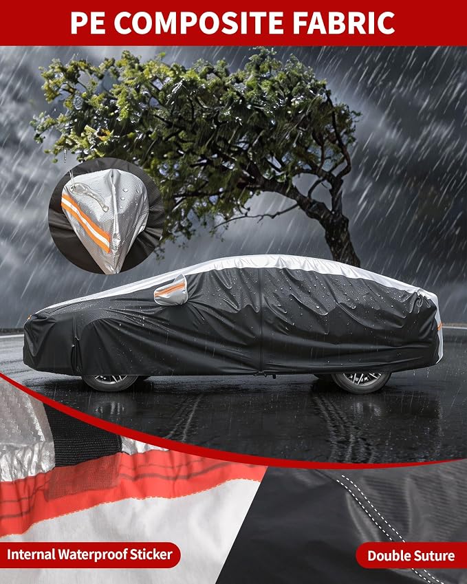 Car Cover Waterproof All Weather,6 Layers Car Covers for Automobiles, Full Exterior Cover with Zipper, Outdoor Car Cover Sun UV Rain Snow Wind Protection, Fit for 185"(185 * 70 * 59 inch) Sedan