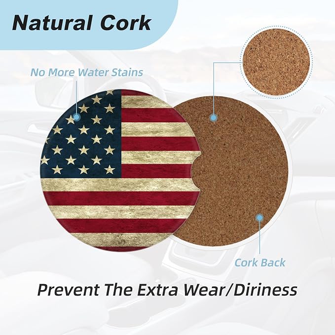 American Flag Car Coasters for Cup Holders,2 Pack Car Cup Holder Coasters for Car,Ceramic Absorbent Car Coaster with A Finger Notch and Cork Base,Car Interior Accessories for Women Men