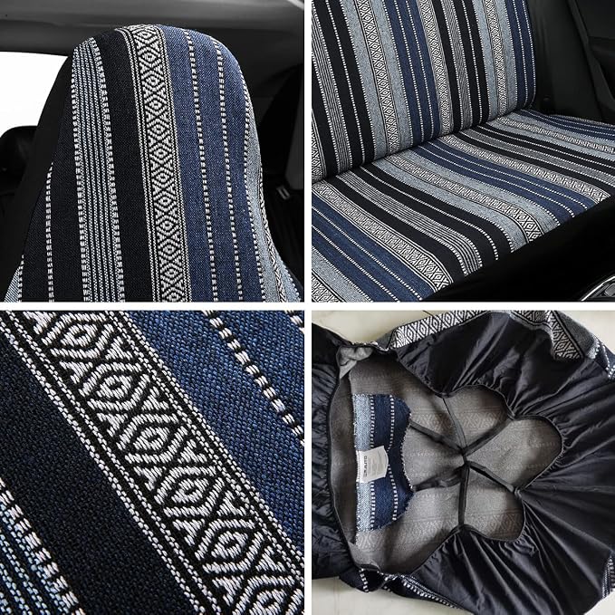 Baja Saddle Blanket Car Seat Covers 7PCS Full Set, Breathable and Washable Striped Woven Automotive Vehicle Seat Cover Universal for Sedan, SUV, Truck, Airbag Compatible
