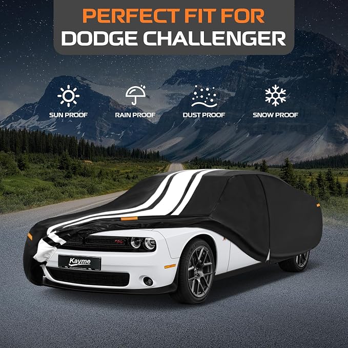Kayme Heavy Duty Car Cover Custom Fit for Dodge Challenger Demon Hellcat (1970-2023) Waterproof All Weather for Automobiles,Outdoor Full Exterior Cover Rain Snow UV Protection with Door Zipper Towel.
