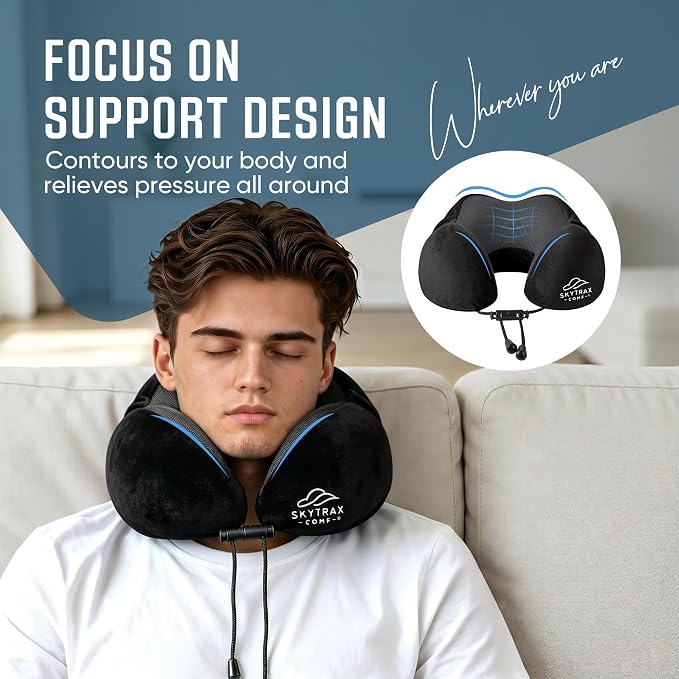 SkytraxComf® Travel Neck Pillow with Hood for Privacy on Long Flights | Memory Foam | Airplane Sleep | Safety-Tested Materials | Extra Large Hood | Chin Support | Earplugs | Washable Cover