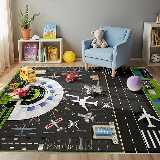Kids Airport Runway Rug, Faux Wool Airplane Map, Non-Slip, 5 x 7 ft | Runway and airplane design; Aviation-themed play; Soft faux wool surface; Non-slip backing; Easy-care finish