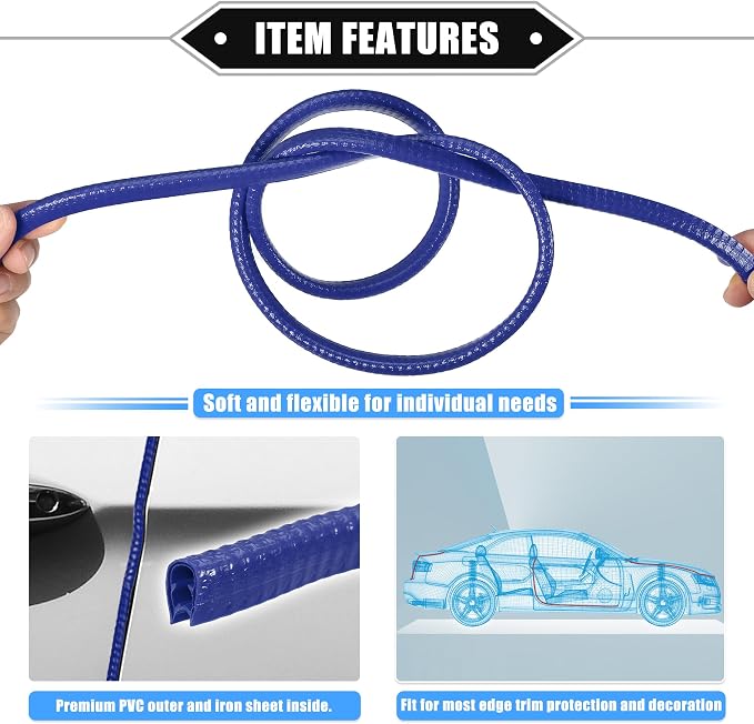Vehicle Door Edge Guard, 16.4ft U Shape Rubber Edge Trim Seal Strip Protector Universal for Car Truck ATV Boat Multifunctional No Glue PVC Iron Blue