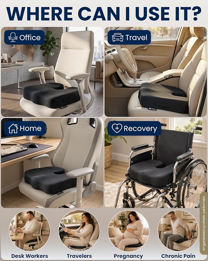 5 STARS UNITED Seat Cushion - Memory Foam Chair Cushion for Tailbone Pain Relief - Ergonomic Support for Coccyx, Sciatica & Butt - Office, Desk & Gaming Chair, Car Seat, Wheelchair, Airplane, Black
