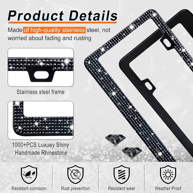 GaRhomxy Bling License Plate Frames for Women, 2 Pack Handcrafted Sparkly Rhinestone Car Accessories, Premium Stainless Steel Frame with 1000+ Faceted Glass Crystals & Free Glitter Caps (Black)