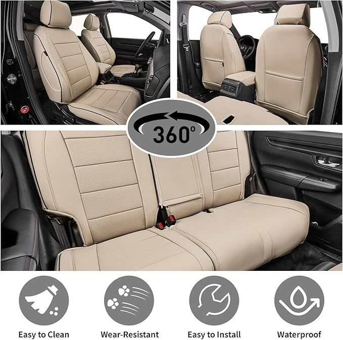 EKR Car Seat Covers for Honda CRV 2023-2026 Leatherette Full Set | Custom Fit for Honda CRV 2023 2024 2025 2026 Easy-Wipe Protection,Faux Leather(Beige)