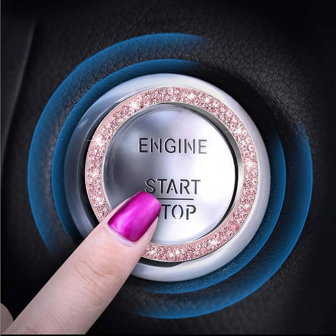 WINKA 2pcs Bling Car Engine Start Button Cover Diamond Crystal Push Start Stop Button Ring Sparkly Bling Ignition Button Cover Rhinestone Keyless Ignition Ring Universal Car Accessories (Pink)
