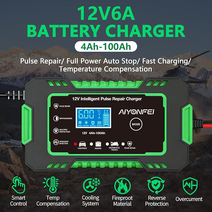12V 6-Amp Battery Charger, Smart Trickle Charger Maintainer Green | Battery Desulfator, Winter & Summer Mode, Lead-acid Battery Chargers, for Car Truck Motorcycle Lawn Mower Boat