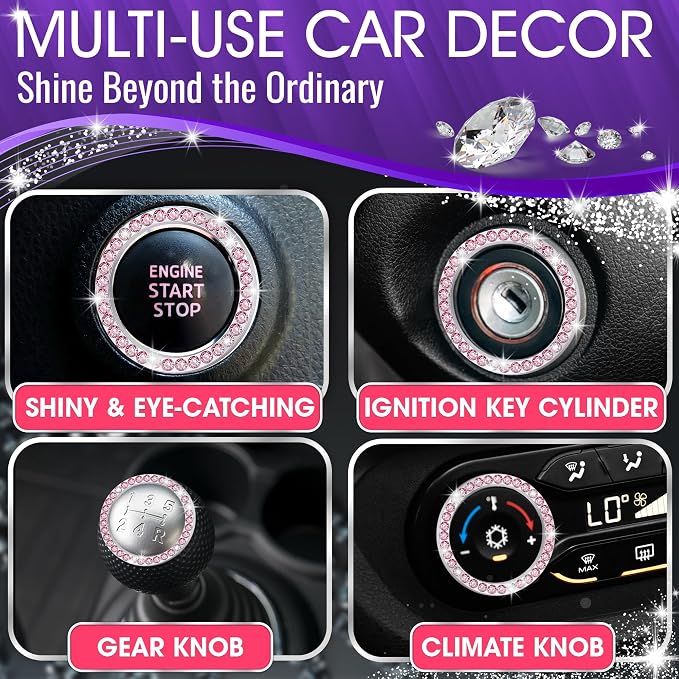 Bling Car Decor Crystal Rhinestone Car Bling Ring Emblem Sticker, Bling Car Accessories for Auto Start Engine Ignition Button Key & Knobs, Bling for Car Interior, Unique Gift for Women (Pink)