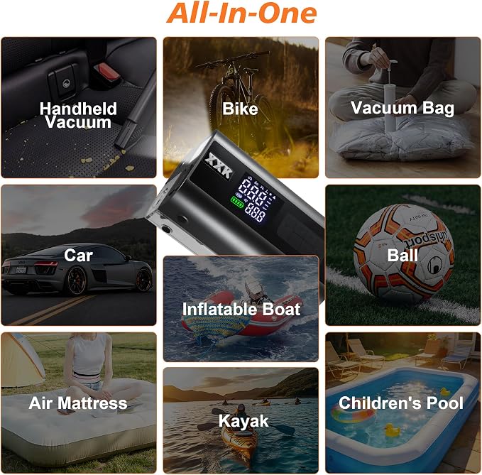 160PSI Tire Inflator Portable 2000A Car Jump Starter,20000mAh | 15000PA Vacuum With Digital Pressure Gauge,Power Bank With Led Light,Suck&Blow Function,For Car,Bicycle,Balls