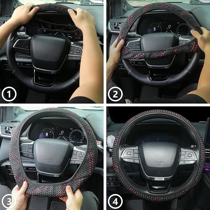 KAFEEK Elastic Mesh Car Steering Wheel Cover, Cute Black Red, 15 Inch | Cooling Breathable Fabric, Non Slip Protector for Women Men, Summer Winter, Universal Fit
