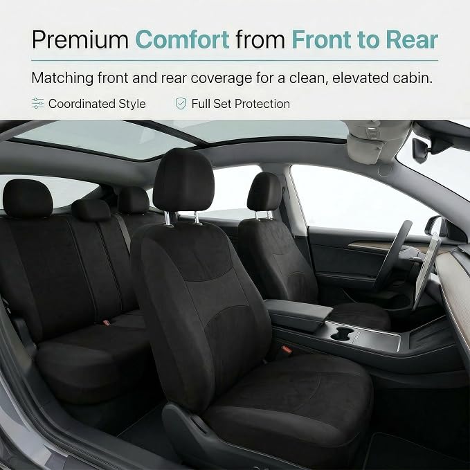 FH Group Universal Car Seat Covers Full Set for SUV Truck Sedan Vans | All-Purpose Cloth Seat Cover Set Airbag Compatible Washable Split Bench Protector Interior Upgrade - Black