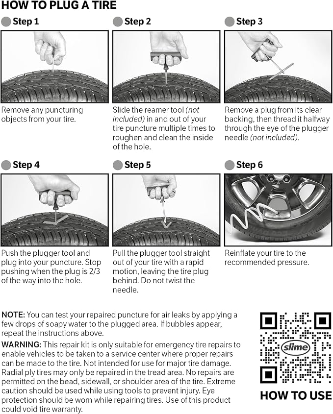 Slime 20252 Tire Repair Plugs Strings, ACT, Mowers, Wheelbarrows, 7-ply, 4in, 5 Count