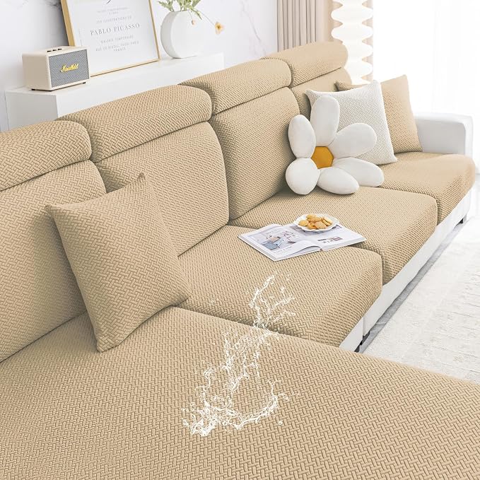 Smiry Waterproof Couch Cushion Covers, Stretch Jacquard Thick Sofa Cushion Covers, Washable Seat Slipcover Elastic Furniture Protector for Pets, Kid (2PC, Light Brown)