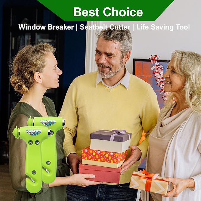 Car Window Breaker, Safety Hammer - 3 in 1 Escape Tools, Window Breaker Seatbelt Cutter, Roadside Emergency Kit with Light Reflective Tape(2 Pack, Green)