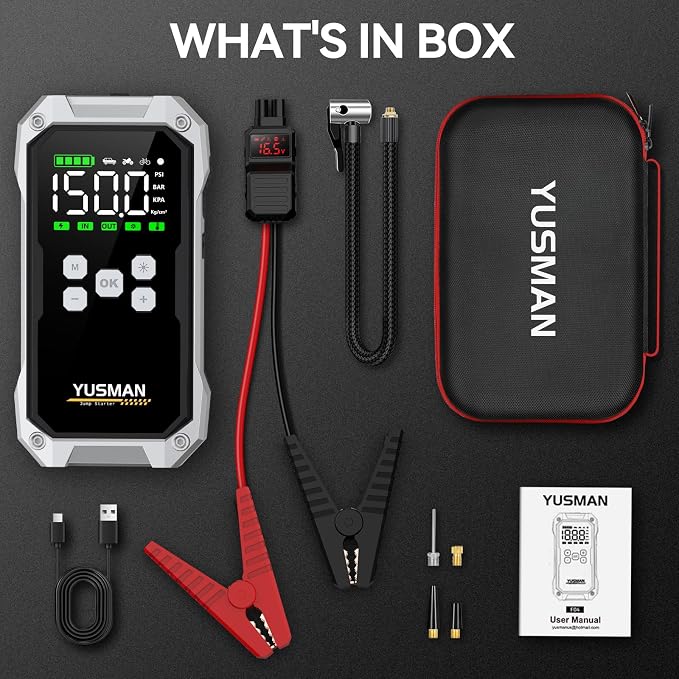 Jump Starter with Air Compressor, 9000A 160PSI Battery Booster Pack | For 12V vehicles, ALL gas and 10.0L diesel, with display, smart clamps, tire inflator, 2 USB-A ports, and 2 LED lights