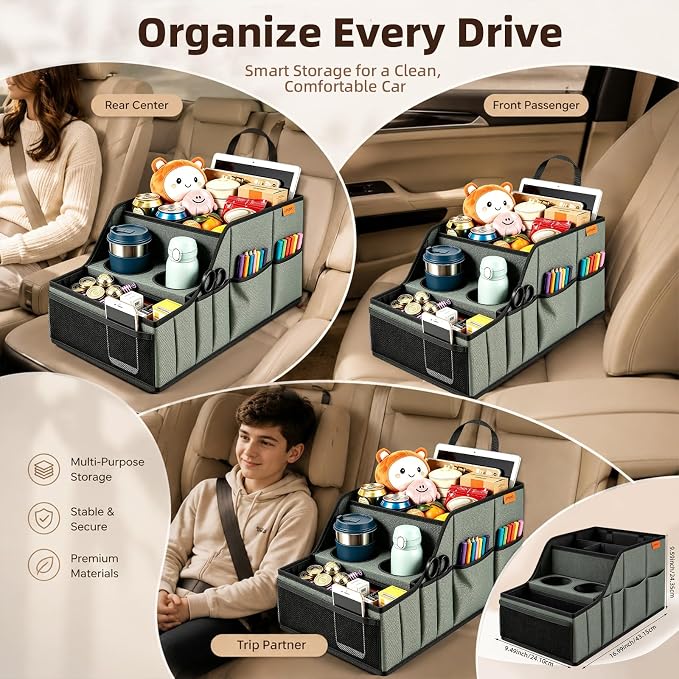 Car Seat Organizer Back Front Captains Seats Storage Travel | Car Organizer, Back Seat Car Organizer, Car Seat Organizer Front Seat – 9 Compartments, 2 Cup Holders – Foldable