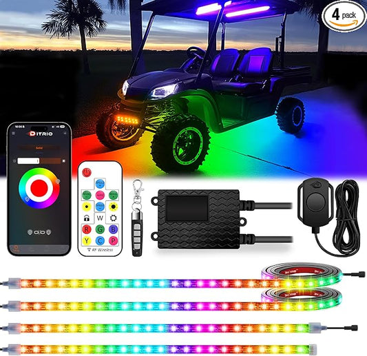 4PCS 12V-72V Golf Cart Lights, RGB Led Underglow Light Kit with 2 Remotes and App Control, Voltage Reducer, Waterproof, Sound Active, Battery Drain Protect Kill Switch Golf Cart Led Lights