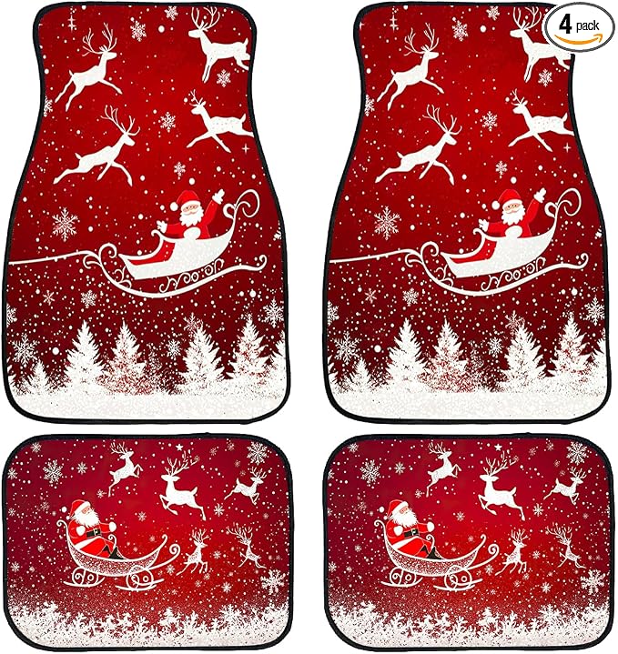 Christmas Car Floor Mats Set of 4 Snowflake Santa Claus Reindeer Red Automotive Car Floor Carpets Non-Slip Auto Car Accessories Universal Fit Car Accessories for Truck