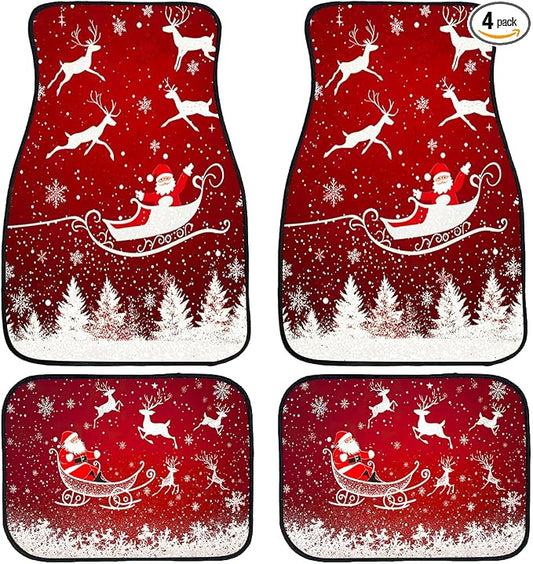 Christmas Car Floor Mats Set of 4 Snowflake Santa Claus Reindeer Red Automotive Car Floor Carpets Non-Slip Auto Car Accessories Universal Fit Car Accessories for Truck