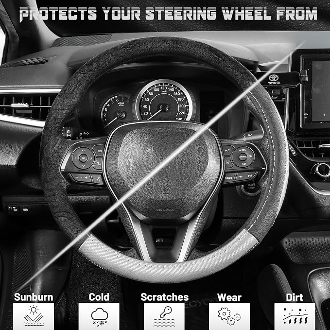 SEG Direct Steering Wheel Cover for Car, Standard Size 14.5-15 inch, Auto Interior Accessories, Black with Sliver Carbon Fiber Pattern