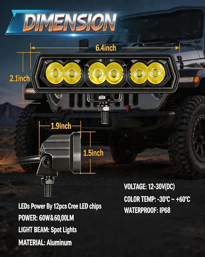 Yellow LED Light Bar 6" 120W Spot Beam, 2PCS Off Road Fog Lights | 30° Spot Beam with 5D Optic Lens | 120W Native Yellow LED | 2PCS + DT Wiring Harness | IP68 Waterproof for Truck SUV ATV UTV