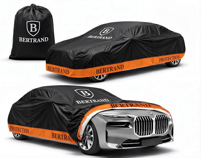 BERTRAND Heavy Duty Sedan Car Cover Waterproof All Weather - Snow, Rain & UV Outdoor Protection | Cotton-Lined, Up to 8-Point Anchoring + Door Zipper | Extra Large Sedans, Black-Orange (195x75, A3)