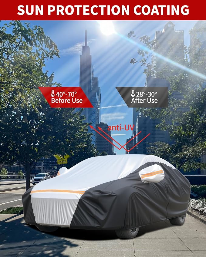 Car Cover Waterproof All Weather,6 Layers Car Covers for Automobiles, Full Exterior Cover with Zipper, Outdoor Car Cover Sun UV Rain Snow Wind Protection, Fit for 185"(185 * 70 * 59 inch) Sedan