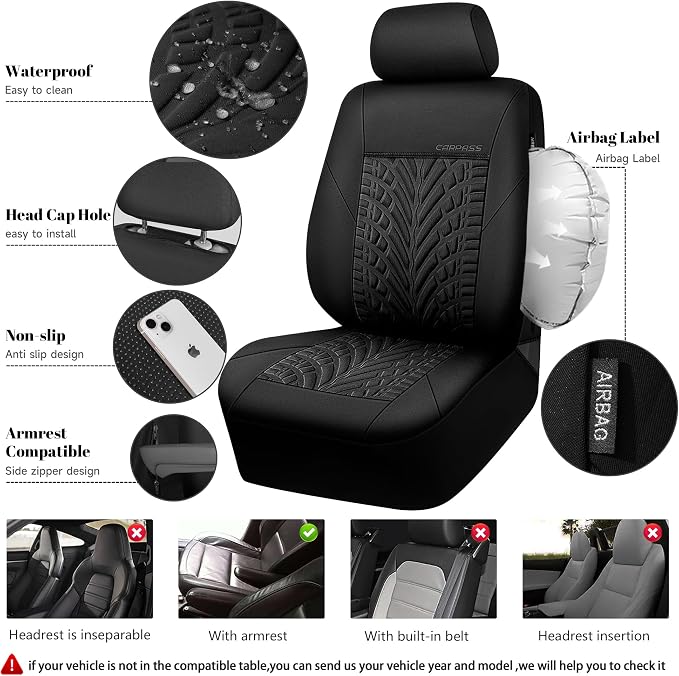 CAR PASS Neoprene Waterproof Seat Covers Full Sets, Wetsuit Car Seat Covers 5 Seats Universal Fit for Vans, Truck, SUV, 3D Tyre Embossed Seat Covers Anti Slip with Armrests, Aibag Compatible(Black)