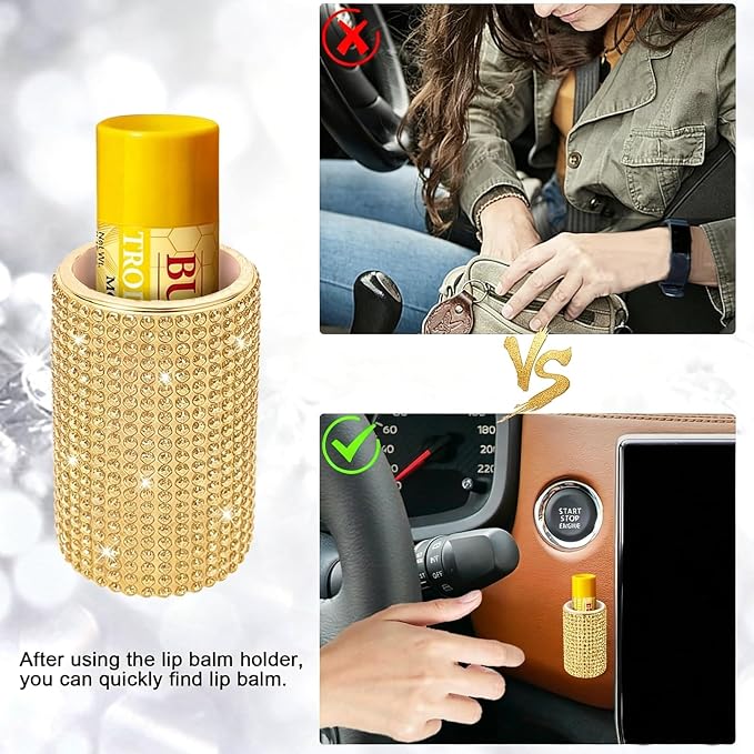 Upright Car Chapstick Holder, Bling Insulating Lip Balm Holder,Rhinestone Car Accessories for Women Interior ,Suitable for Most Vehicles. (Yellow)