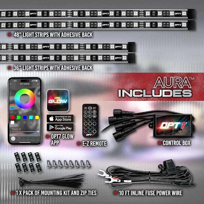 OPT7 Aura Flexible Car Underglow Lights with APP & Remote Control | 4PCS RGB LED Strips, Multicolor Music Modes, 12V Neon Accent Underbody Lighting, Universal Fit for Car Truck SUV, JDM Gifts