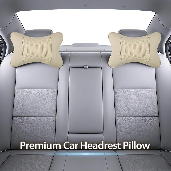 2 Pack Car Neck Pillow Soft Breathable Headrest Pillows for Driving Support, Universal Fit for Most Car Seats Decor Accessories（Beige White）