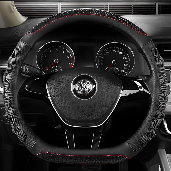 D-Shaped Steering Wheel Cover, Leather Car Wheel Protector with 3D Honeycomb Anti-Slip Design, Universal Breathable Comfy Cover Fits 14.5-15 Inch Steering Wheels, Car Accessories (Black)