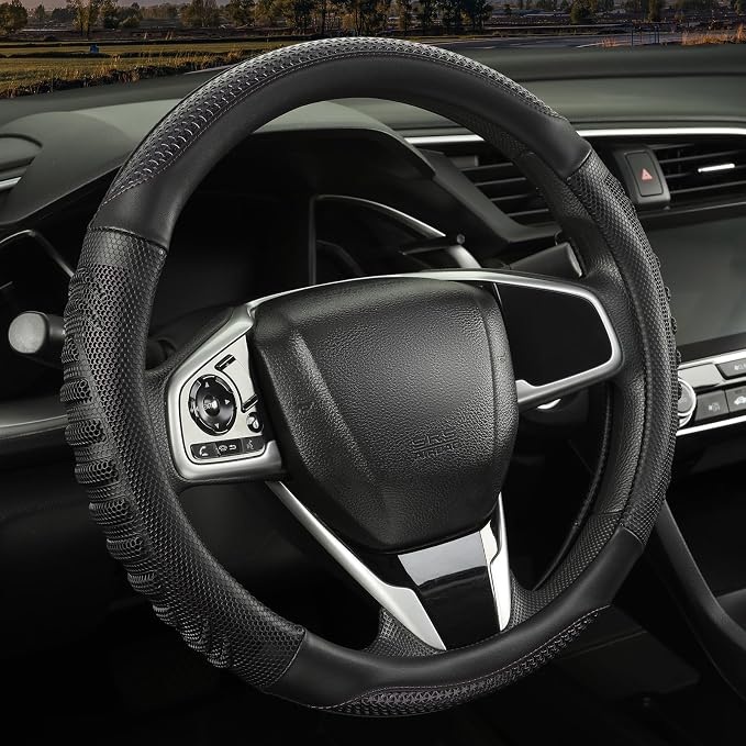 Anti-Slip Silicone Steering Wheel Cover Great Grip with 3D Honeycomb | Heavy-duty Microfiber Leather Sporty Design, Universal 14.5 inch - 15 inch, Black with Purple