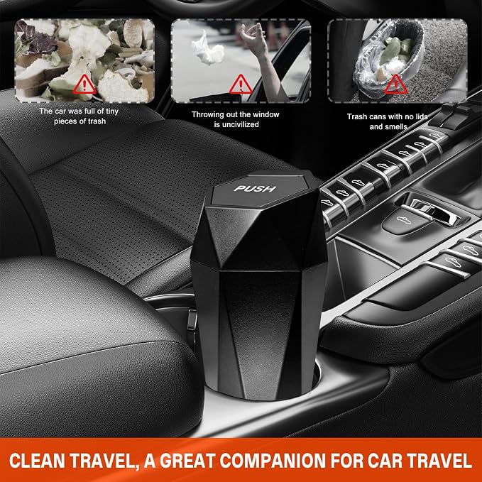 2 PCS Car Trash Can with Lid, Waterproof Diamond Design Auto Cup Holder Trash Bin, Leakproof Mini Garbage Organizer for Vehicle Home Office Kitchen Bedroom, Car Accessories (Black)