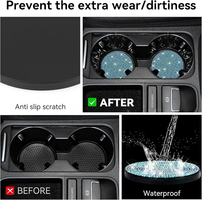 SINGARO Bling Cup Holder Coasters for Car, 4PCS Universal Non-Slip Cup Holder, Embedded Decorative Coasters, Shiny Crystal Car Interior Accessories Gifts for Women (Sky Blue)