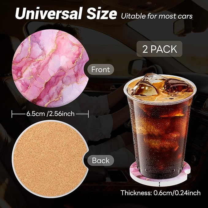 Car Cup Holder Ceramic Coasters 2 Pack, 2.56 in Anti Slip Absorbent Coaster with Cork Base and Finger Notch, Funny Cute Car Accessories Interior for Women, Pink Stone