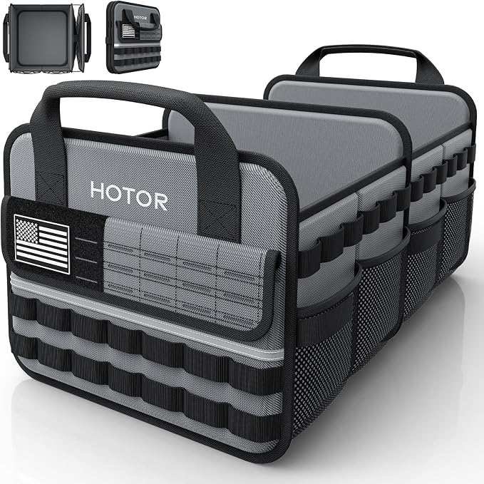 HOTOR Tactical Car Trunk Organizer - Foldable Trunk Organizer for SUV with Front MOLLE Pocket & Reflective Strips, Essential Car Accessories for Tools & Outdoor Storage, 12.8" x 21.7" x 11.0", Grey