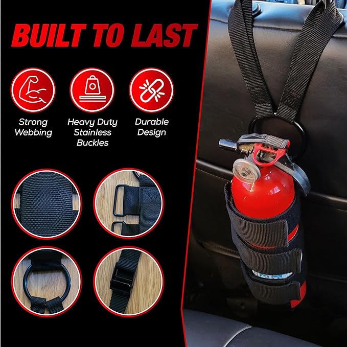 Badass Moto Car Fire Extinguisher Mount - Automotive Fire Extinguisher Mount for Vehicle Car Seat Headrest - Tool Free Seat Back Strap Install. Ideal Safety Kit Accessories for Jeep, Auto,Truck & SUV