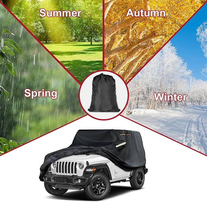 INSAUTO Custom Fit Car Cover for Jeep Wrangler 2 Door 1987-2025 JK JL CJ YJ TJ, Waterproof All Weather Full Exterior Protection, Sun Rain Snow, with Driver Door Zipper