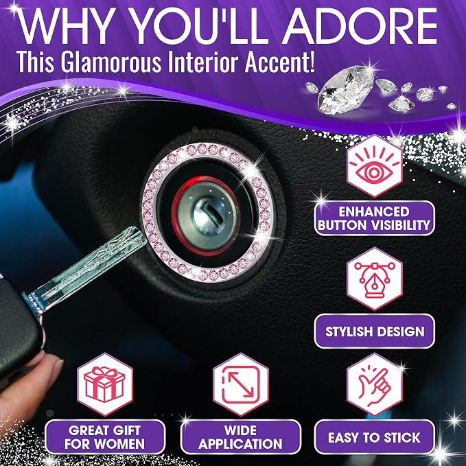 Bling Car Decor Crystal Rhinestone Car Bling Ring Emblem Sticker, Bling Car Accessories for Auto Start Engine Ignition Button Key & Knobs, Bling for Car Interior, Unique Gift for Women (Pink)