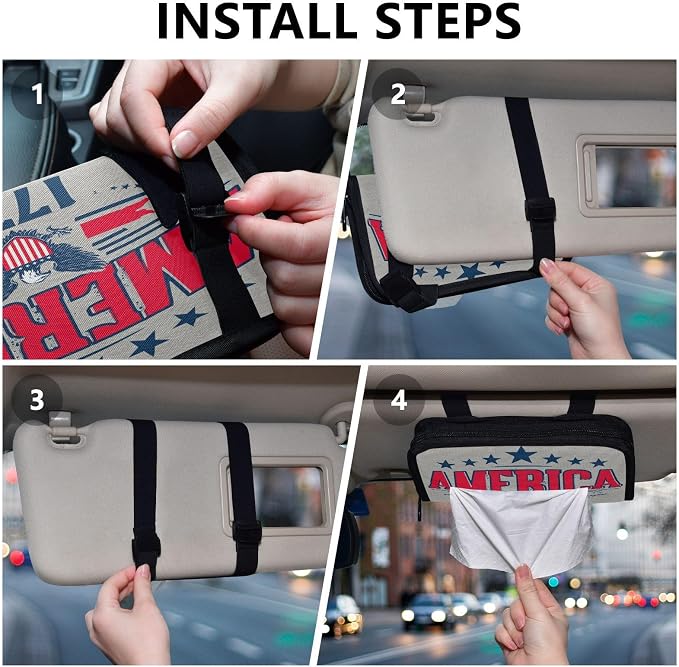 Car Tissue Holder Car Napkin Holder Tissue Box Dispenser Storage Case Sun Visor Mask Holder Accessories with Adjustable Straps Reusable Refillable USA Patriotic 1776