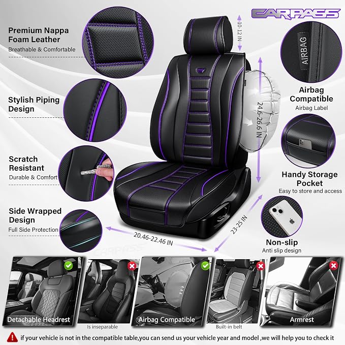 CAR PASS Universal Fit Piping Leather Seat Covers for Cars SUV Truck, Waterproof Nappa Leather Car Seat Covers Full Set, 3D Foam Seat Cover Luxury&Comfort&Durable Airbag Compatible,violet purple black