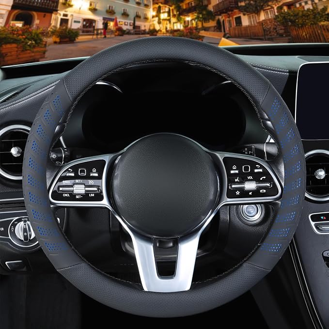 3D Slim Soft 14 inch Leather Steering Wheel Cover Black with Blue | Breathable Anti-Slip Premium Skin-Feel Perforated Thin Nappa Leather, Small 13.5 inch to 14 inch