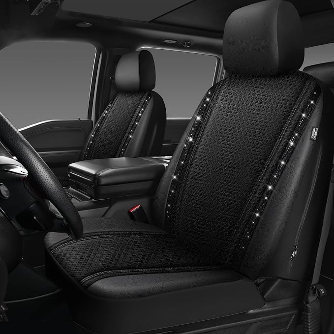 CAR PASS Memory Foam 3D Mesh Bling Diamond Car Seat Cover Full Set Breathable Soft Sponge Universal Shining Glitter Sparkly Crystal Armrest Fit Automotive Truck SUV Cute Women Girl, Black Rhinestone
