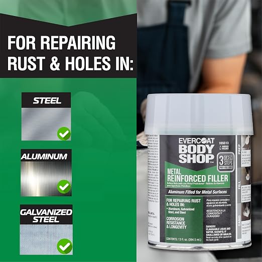 Evercoat Body Shop 105013 Metal Reinforced Filler for Repairing Rust and Holes in Aluminum & Galvanized Steel, Corrosion Resistance & Longevity, Easy Mix Hardener Included 13 Fl Oz.