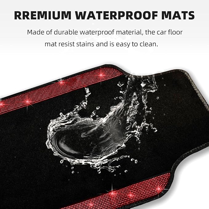 NBTEPEM Bling Car Floor Mats Full Set and Steering Wheel Cover, Universal Fit Most Cars, 4 pcs Sparkle Glitter Diamond Carpet, 5 pcs Bling Car Accessories Set for Women (Red Diamond)